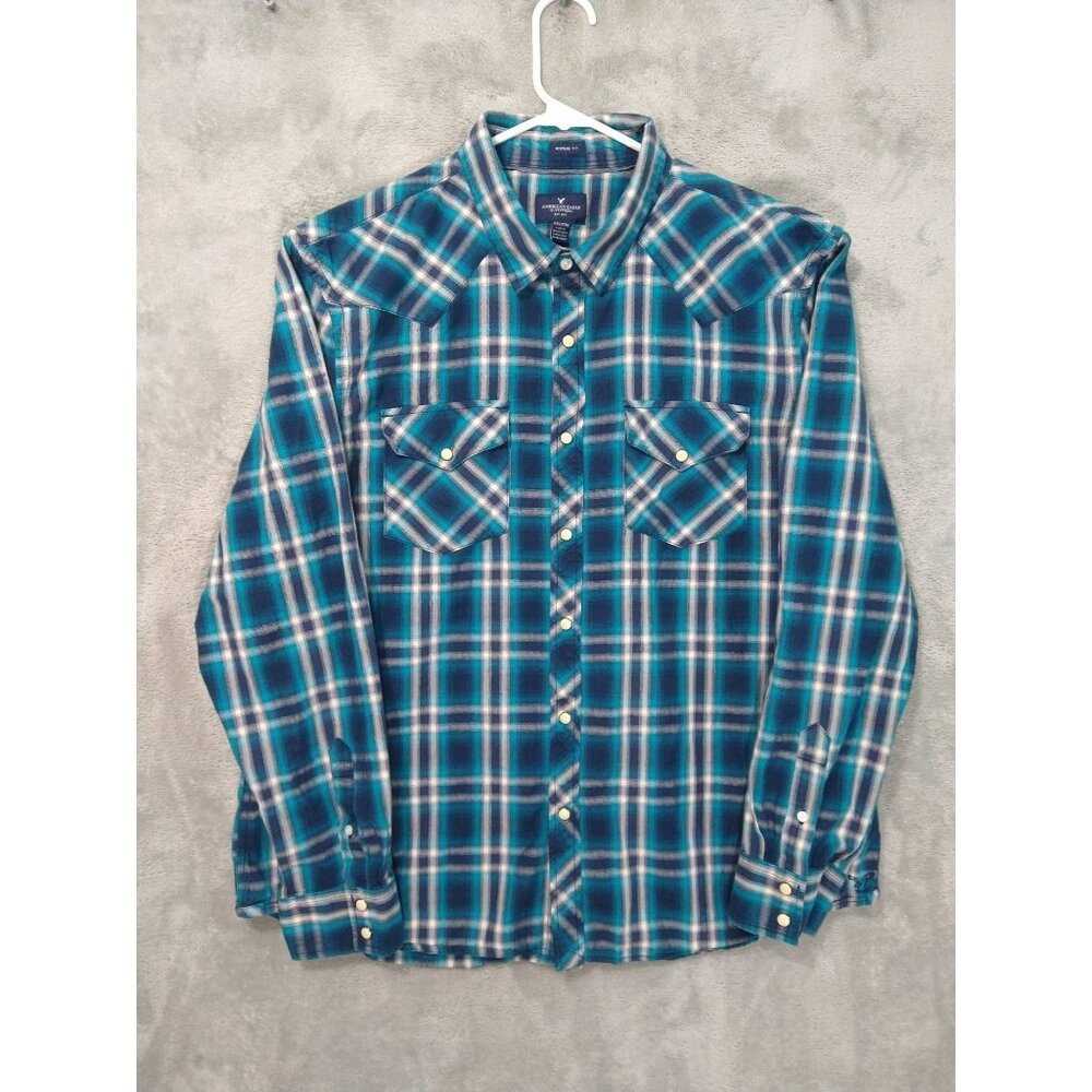 American Eagle Shirt Mens 2XL Blue Plaid Vintage Fit Pearl Snap Long Sleeve